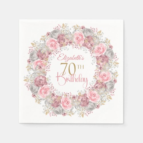 Elegant Pink and Gray Flower Wreath 70th Birthday Napkins