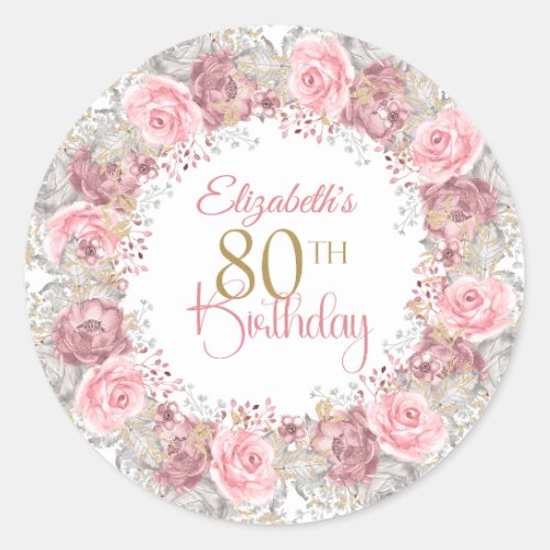 Elegant Pink and Gray Flower Wreath 80th Birthday Classic Round Sticker