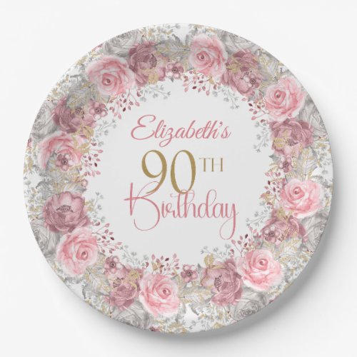 Elegant Pink and Gray Flower Wreath 90th Birthday Paper Plates