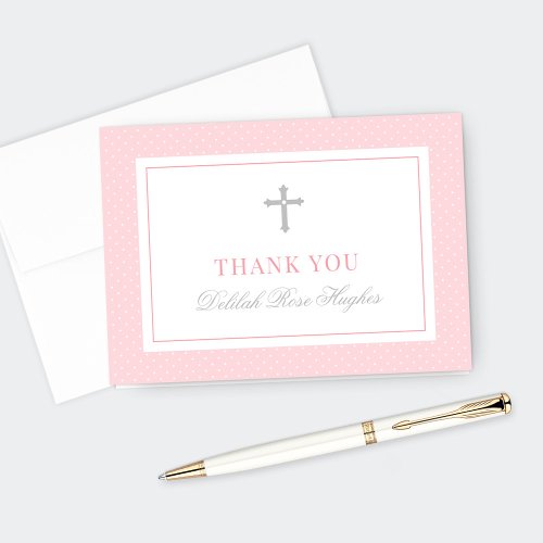Elegant Pink and Gray Girl First Communion Thank You Card