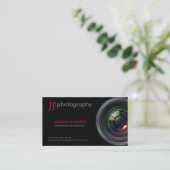 Elegant Pink and Gray Photographer Camera Lens Business Card (Standing Front)