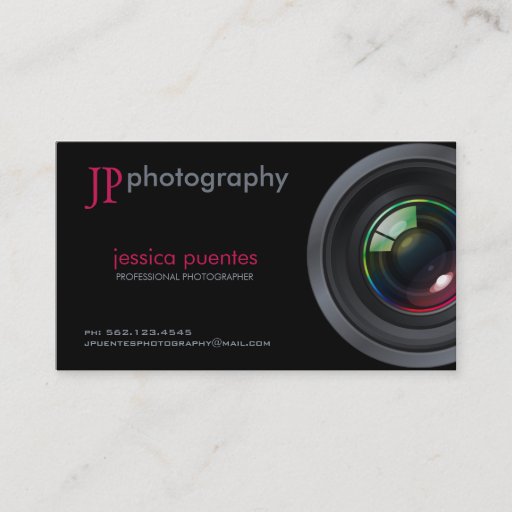 Customizable Elegant Pink and Gray Photographer Camera Lens Business Cards