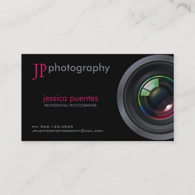 Elegant Pink and Gray Photographer Camera Lens Business Card (Front)