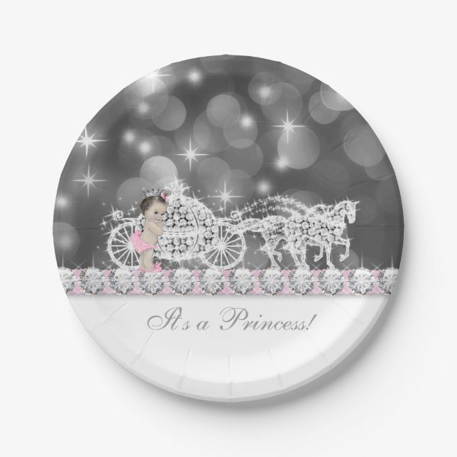Elegant Pink and Gray Princess Baby Shower Paper Plates (Front)