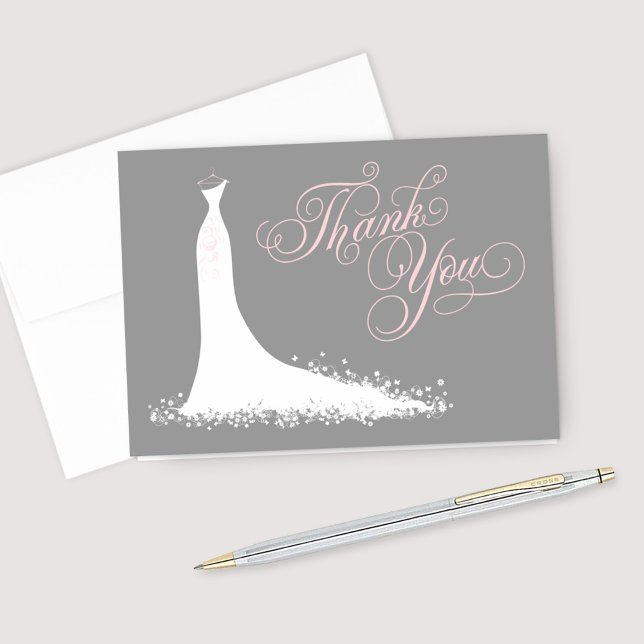 Elegant Pink and Gray Wedding Gown Bridal Shower Thank You Card (Creator Uploaded)