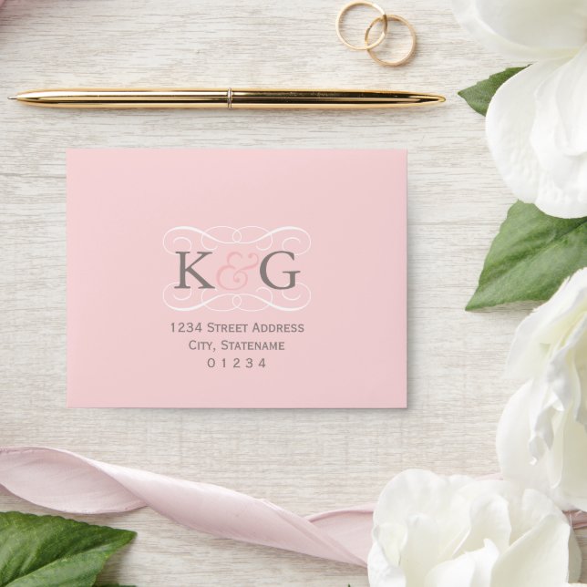 Elegant Pink and Gray Wedding Monogram RSVP Envelope (Wedding)