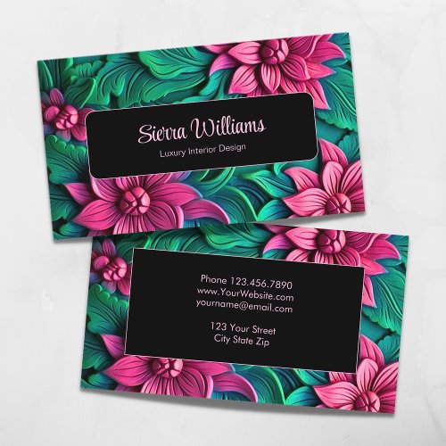 Elegant Pink and Green Botanical 3D Floral Black Business Card