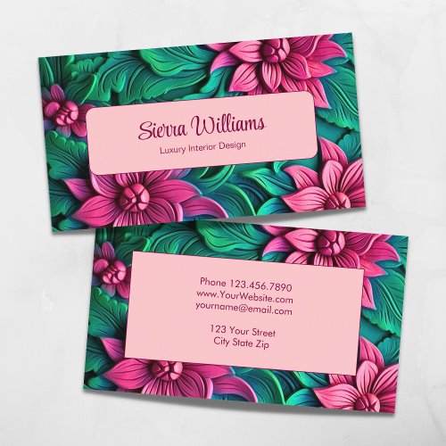 Elegant Pink and Green Botanical 3D Floral Pink Business Card