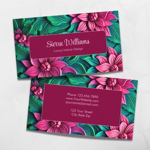 Elegant Pink and Green Botanical 3D Floral Red Business Card