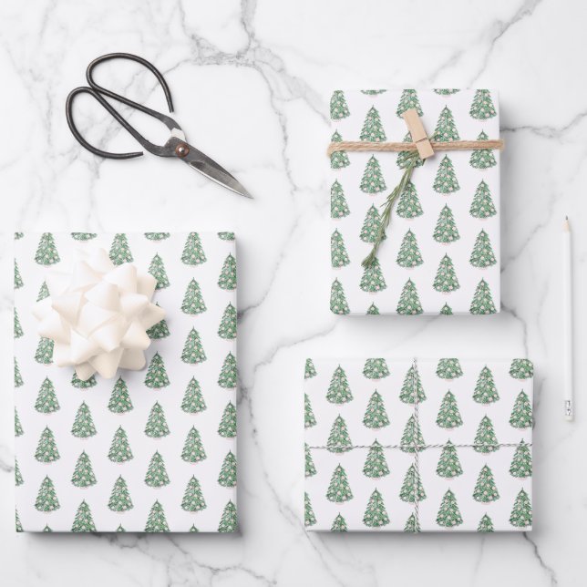 Elegant Pink And Green Chinoiserie Christmas Tree Wrapping Paper Sheets (Front)