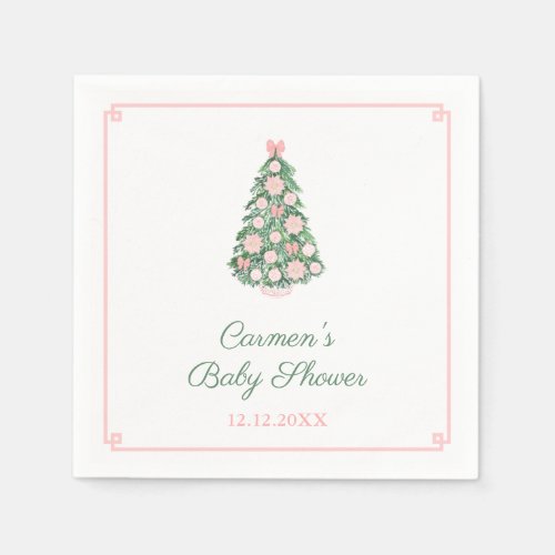Elegant Pink And Green Christmas Tree Baby Shower Napkins
