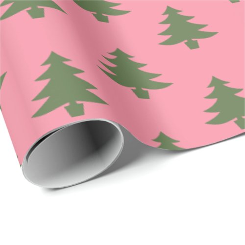 Elegant Pink And Green Christmas Tree Pattern Wrapping Paper