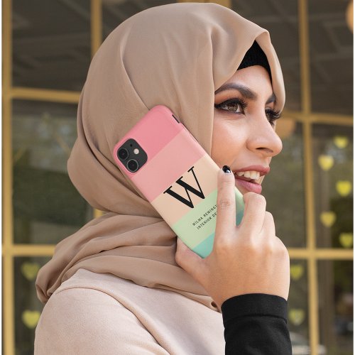 Elegant Pink and Green Colorblock Striped Monogram iPhone 15 Case