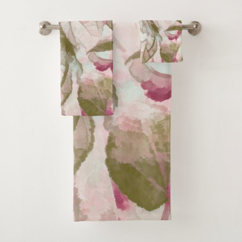 Elegant Pink and Green Fall Leaves Bath Towel Set
