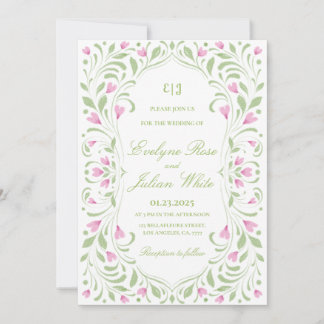 Elegant Pink and Green Floral Wedding Invitation