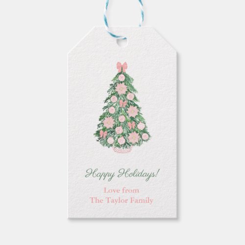 Elegant Pink And Green Happy Holidays Christmas Gift Tags