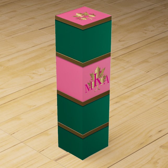 Elegant Pink and Green Monogrammed  Wine Box (Front)