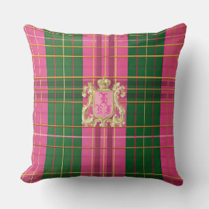 Elegant Pink and Green Plaid Monogram Throw Pillow