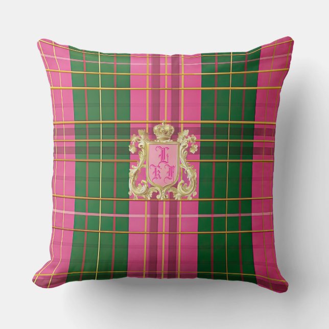 Elegant Pink and Green Plaid Monogram Throw Pillow (Front)