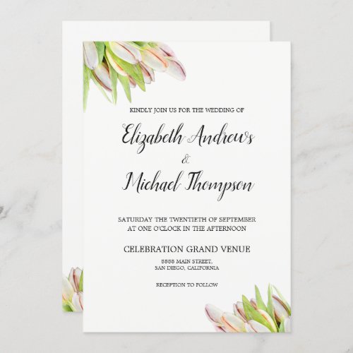 Elegant Pink and Green Tulip Wedding Watercolor Invitation