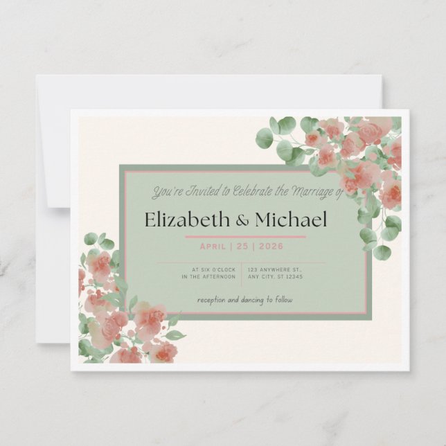 Elegant Pink and Green Wedding Invitation (Front)