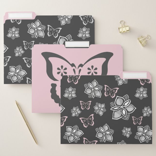 Elegant Pink and Grey Butterfly Pattern File Folder (Set)