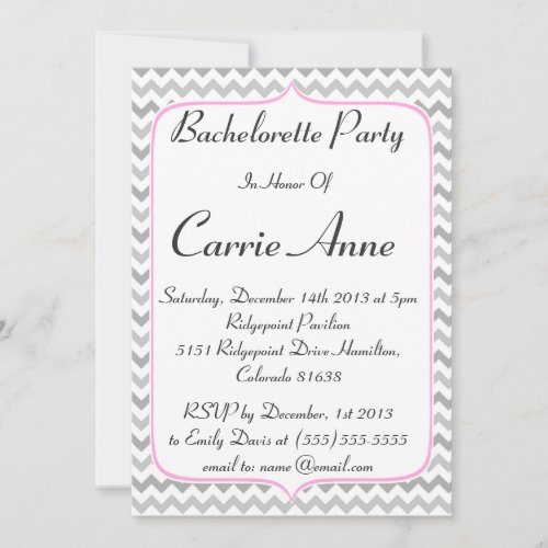 Elegant Pink and Grey Chevron Bachelorette Party Invite