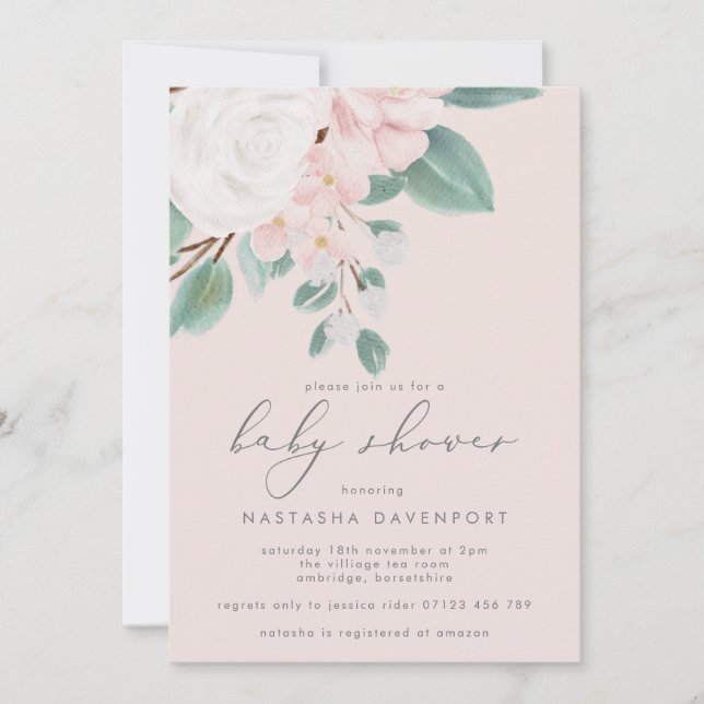 Elegant Pink and Grey Floral Baby Shower Invitation (Front)