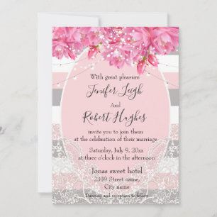 Elegant Pink and Grey Floral Lace Wedding Invitation
