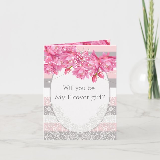 Elegant Pink and Grey Floral Lace Wedding Thank You Card (Front)