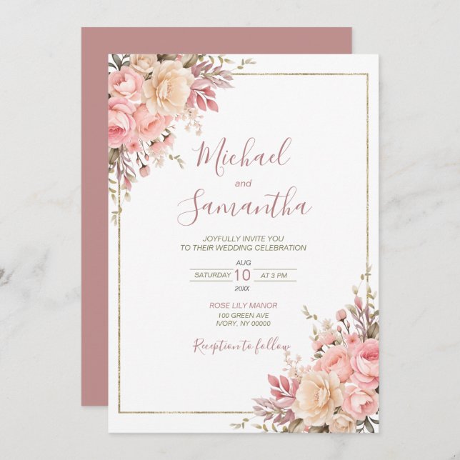Elegant Pink and Ivory Rose Spring Wedding Invitation (Front/Back)