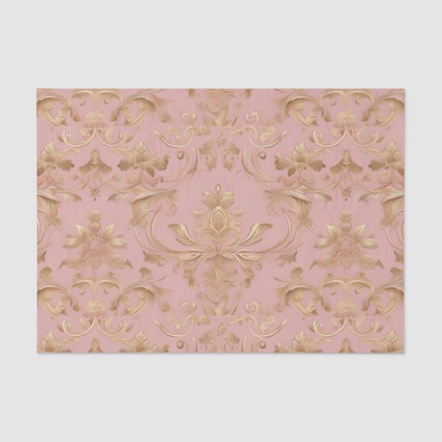 Elegant Pink and Metalic Gold Damask Decoupage Tissue Paper (Front)