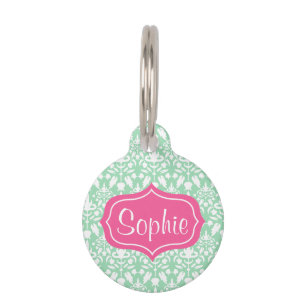 Elegant Pink And Mint Green Damask Pattern Pet ID Tag