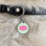 Elegant Pink And Mint Green Damask Pattern Pet ID Tag<br><div class="desc">Lovely white damask pattern on a mint green background color. There is a pink badge in the middle with customizable text area for a name on one side and on the other side there is a customizable text area for a phone number.</div>