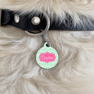 Elegant Pink And Mint Green Damask Pattern Pet ID Tag