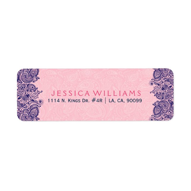 Elegant Pink And Navy Blue Floral Paisley Lace Label (Front)