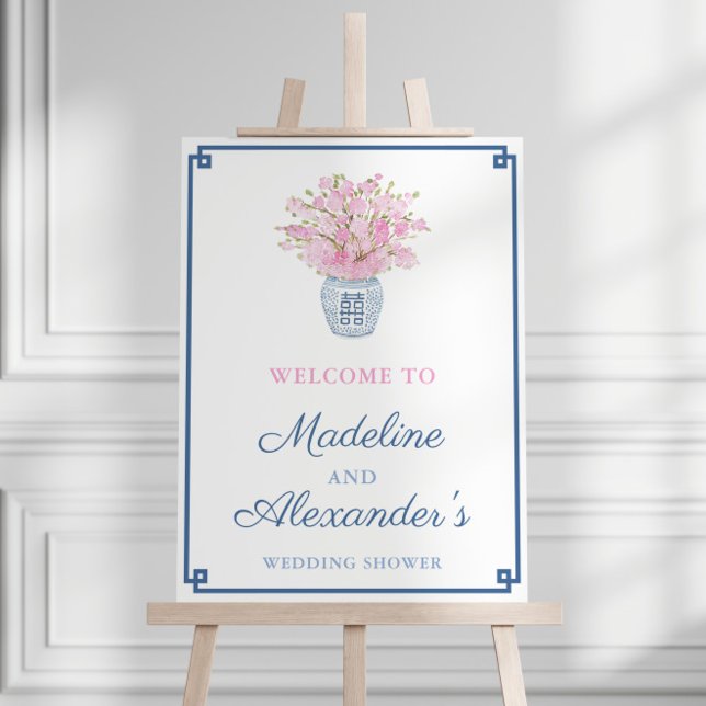 Elegant Pink and Navy Blue Wedding Shower Welcome Foam Board (Chinoiserie Chic Navy Blue And Pink Couples Wedding Shower Welcome Sign)
