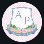 Elegant Pink And Navy Monogram Wedding Crest Favor Classic Round Sticker<br><div class="desc">An elegant blue and pink Wedding Crest design featuring my original watercolor illustrations.</div>