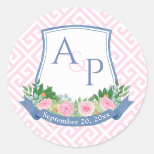 Elegant Pink And Navy Monogram Wedding Crest Favor Classic Round Sticker