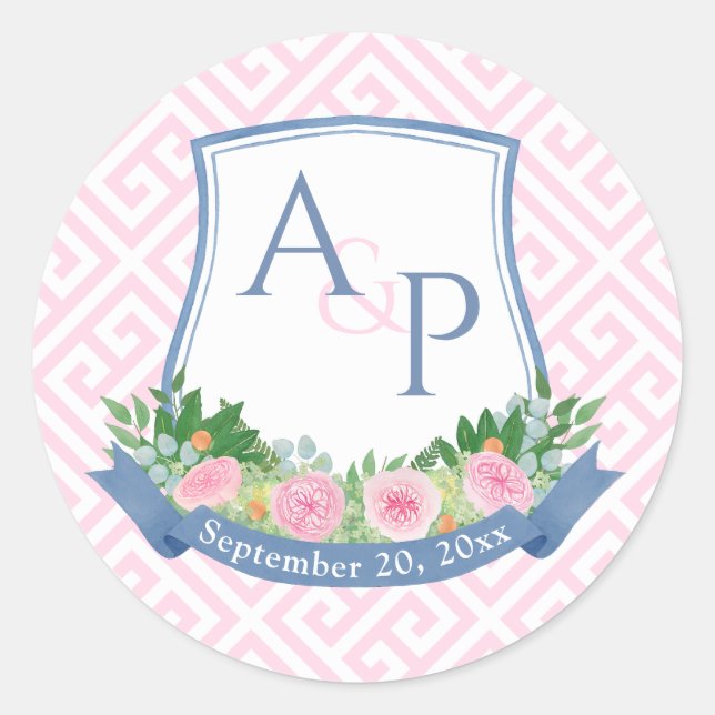 Elegant Pink And Navy Monogram Wedding Crest Favor Classic Round Sticker (Front)