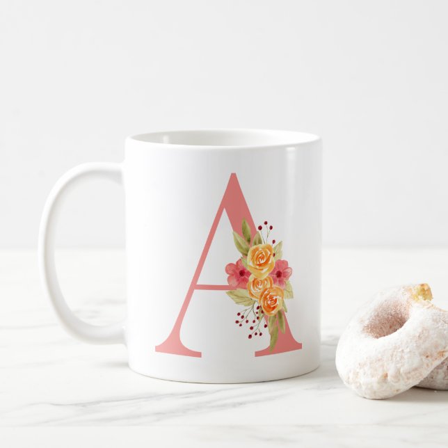 Elegant Pink and Orange Flower Monogram A Coffee Mug (With Donut)