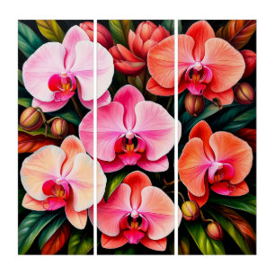 Elegant Pink and Orange Orchid Flowers Arrangement Triptych