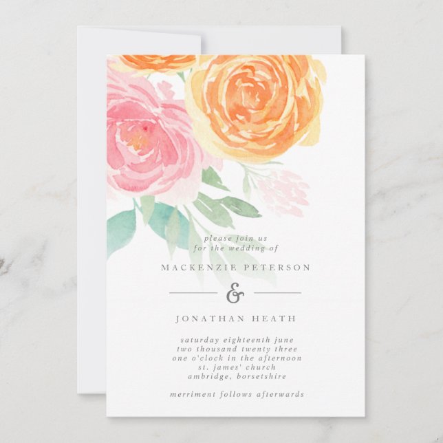 Elegant Pink and Orange Watercolor Roses Wedding Invitation (Front)