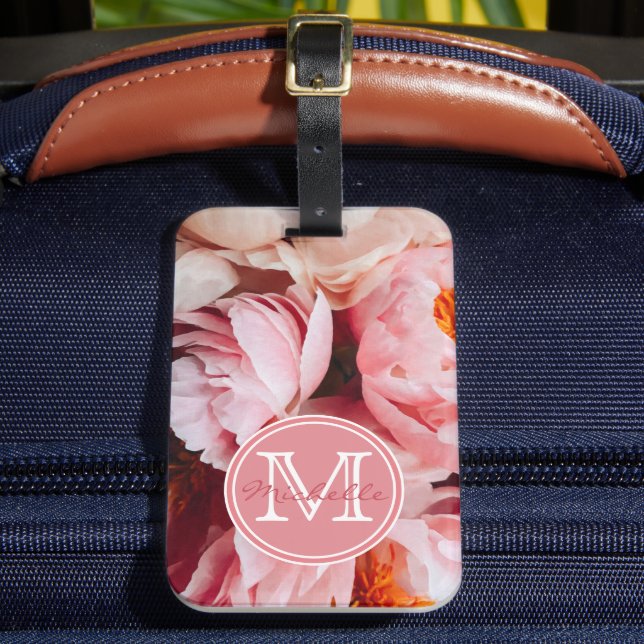 Elegant Pink and Peach Peonies Monogrammed Luggage Tag (Front Insitu 2)