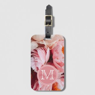 Elegant Pink and Peach Peonies Monogrammed Luggage Tag
