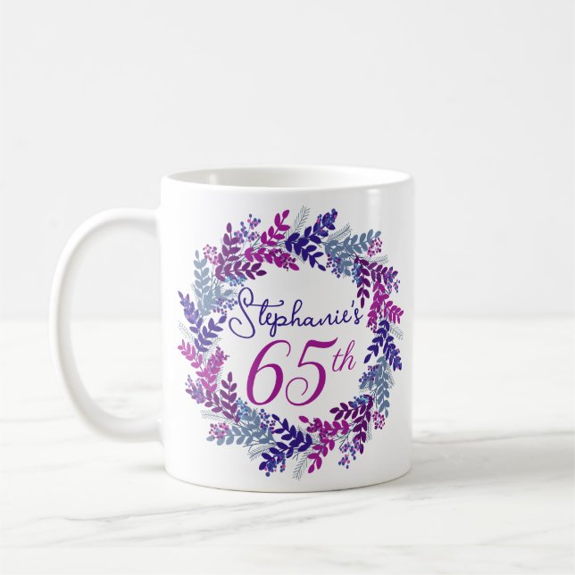 Elegant Pink and Purple 65th Birthday Coffee Mug (Left)