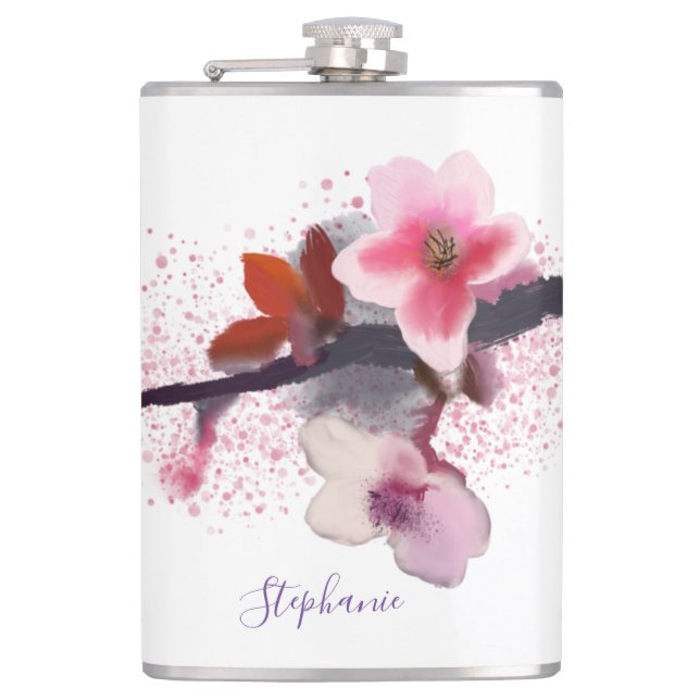 Elegant Pink and Purple Cherry Blossom Flask (Front)