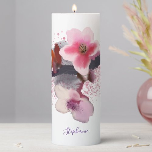 Elegant Pink and Purple Cherry Blossom Pillar Candle