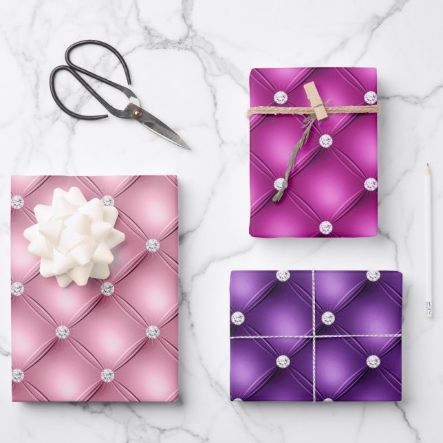 Elegant Pink and Purple Diamond Tufted Patterns Wrapping Paper Sheets (Front)