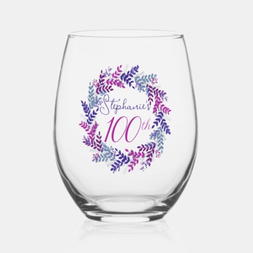 Elegant Pink and Purple Floral 100th Birthday Stemless Wine Glass